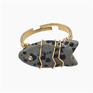 Black Dalmatian Jasper Fish Copper Rings Wire Wrapped Gold Plated, approx 16-22mm, 18mm dia