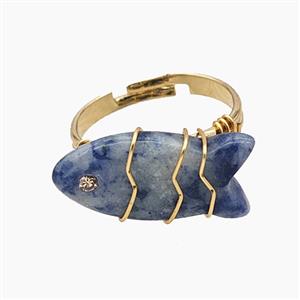 Blue Dalmatian Jasper Fish Copper Rings Wire Wrapped Gold Plated, approx 16-22mm, 18mm dia