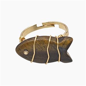 Tiger Eye Stone Fish Copper Rings Wire Wrapped Gold Plated, approx 16-22mm, 18mm dia