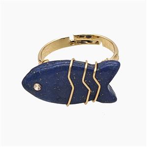 Blue Lapis Lazuli Fish Copper Rings Wire Wrapped Gold Plated, approx 16-22mm, 18mm dia