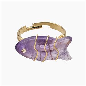 Purple Amethyst Fish Copper Rings Wire Wrapped Gold Plated, approx 16-22mm, 18mm dia