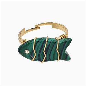 Synthetic Malachite Fish Copper Rings Wire Wrapped Gold Plated, approx 16-22mm, 18mm dia