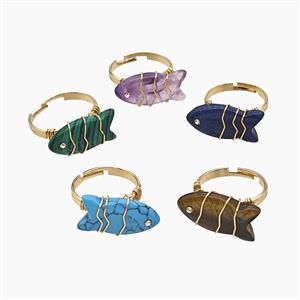 Gemstone Fish Copper Rings Wire Wrapped Gold Plated Mix, approx 16-22mm, 18mm dia