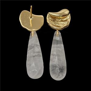 Clear Crystal Quartz Teardrop Copper Stud Earrings Gold Plated, approx 8-33mm