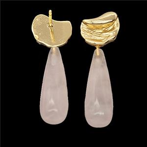 Rose Quartz Teardrop Copper Stud Earrings Gold Plated, approx 8-33mm