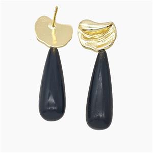 Black Obsidian Teardrop Copper Stud Earrings Gold Plated, approx 8-33mm