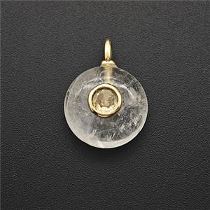 Natural Clear Crystal Quartz Coin Pendant Pave Zirconia, approx 12mm
