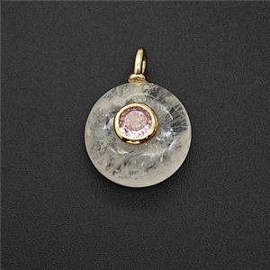 Natural Clear Crystal Quartz Coin Pendant Pave Zirconia, approx 12mm