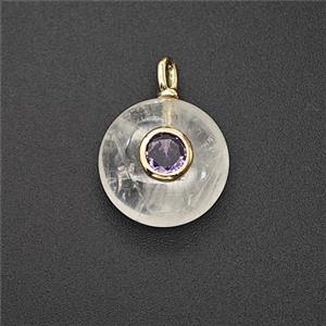 Natural Clear Crystal Quartz Coin Pendant Pave Zirconia, approx 12mm