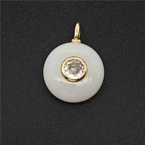 White Jade Coin Pendant Pave Zirconia, approx 12mm