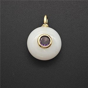 White Jade Coin Pendant Pave Zirconia, approx 12mm