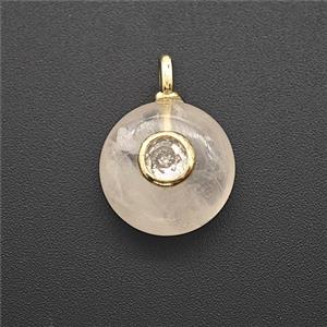 Natural Pink Rose Quartz Coin Pendant Pave Zirconia, approx 12mm