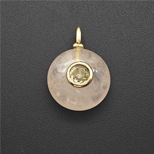 Natural Pink Rose Quartz Coin Pendant Pave Zirconia, approx 12mm