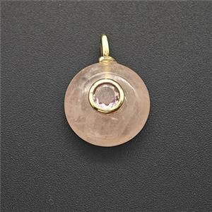 Natural Pink Rose Quartz Coin Pendant Pave Zirconia, approx 12mm