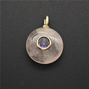 Natural Pink Rose Quartz Coin Pendant Pave Zirconia, approx 12mm