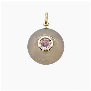 Gray Agate Coin Pendant Pave Zirconia, approx 12mm