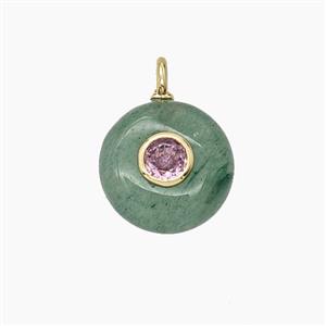 Green Strawberry Quartz Coin Pendant Pave Zirconia, approx 12mm
