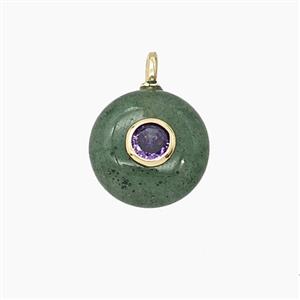 Green Strawberry Quartz Coin Pendant Pave Zirconia, approx 12mm