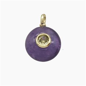 Natural Purple Amethyst Coin Pendant Pave Zirconia, approx 12mm
