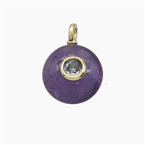 Natural Purple Amethyst Coin Pendant Pave Zirconia, approx 12mm