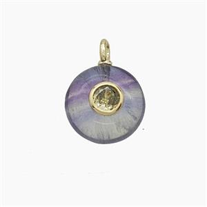 Natural Fluorite Coin Pendant Pave Zirconia, approx 12mm