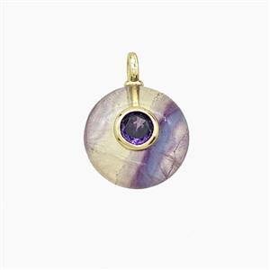 Natural Fluorite Coin Pendant Pave Zirconia, approx 12mm