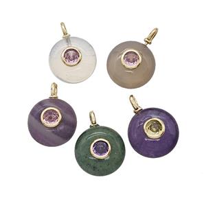 Natural Gemstone Coin Pendant Pave Zirconia Mix, approx 12mm