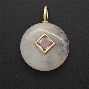 Clear Crystal Quartz Coin Pendant Pave Zirconia, approx 16mm