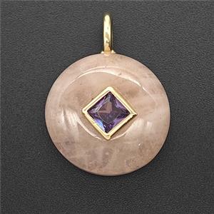 Natural Pink Rose Quartz Coin Pendant Pave Zirconia, approx 16mm