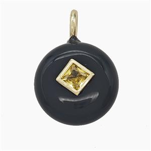 Natural Black Obsidian Coin Pendant Pave Zirconia, approx 16mm