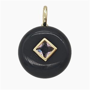 Natural Black Obsidian Coin Pendant Pave Zirconia, approx 16mm