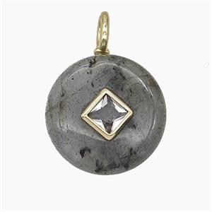 Natural Labradorite Coin Pendant Pave Zirconia, approx 16mm