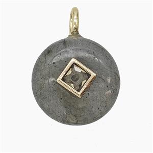Natural Labradorite Coin Pendant Pave Zirconia, approx 16mm
