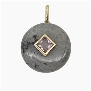 Natural Labradorite Coin Pendant Pave Zirconia, approx 16mm
