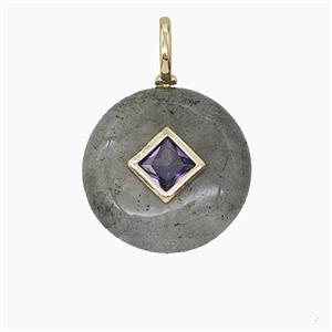 Natural Labradorite Coin Pendant Pave Zirconia, approx 16mm