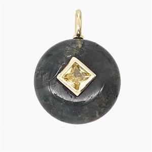 Natural Green Moss Agate Coin Pendant Pave Zirconia, approx 16mm