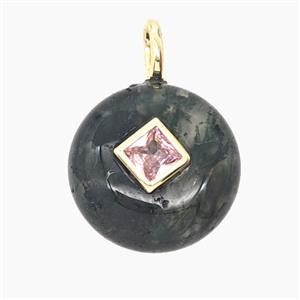 Natural Green Moss Agate Coin Pendant Pave Zirconia, approx 16mm
