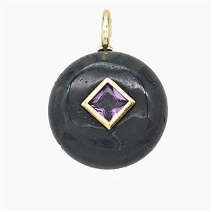 Natural Green Moss Agate Coin Pendant Pave Zirconia, approx 16mm