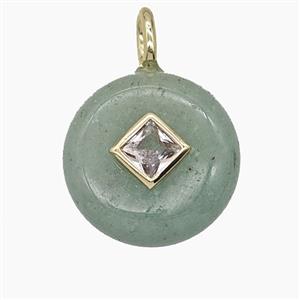 Green Aventurine Coin Pendant Pave Zirconia, approx 16mm