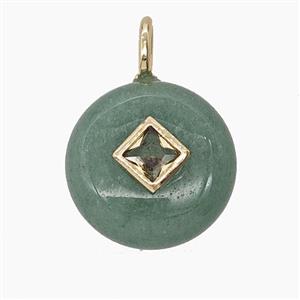 Green Aventurine Coin Pendant Pave Zirconia, approx 16mm