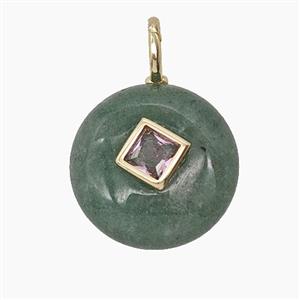 Green Aventurine Coin Pendant Pave Zirconia, approx 16mm