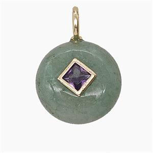 Green Aventurine Coin Pendant Pave Zirconia, approx 16mm