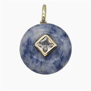 Blue Dalmatian Jasper Coin Pendant Pave Zirconia, approx 16mm