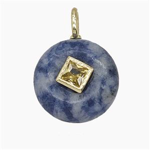 Blue Dalmatian Jasper Coin Pendant Pave Zirconia, approx 16mm