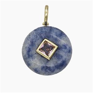 Blue Dalmatian Jasper Coin Pendant Pave Zirconia, approx 16mm