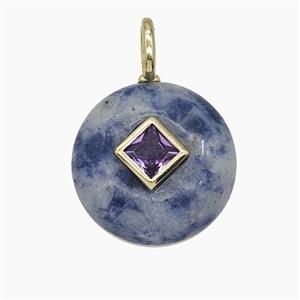 Blue Dalmatian Jasper Coin Pendant Pave Zirconia, approx 16mm