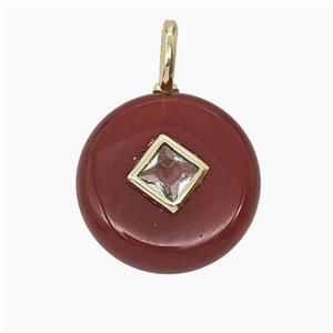 Red Dye Agate Coin Pendant Pave Zirconia, approx 16mm