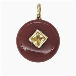 Red Dye Agate Coin Pendant Pave Zirconia, approx 16mm