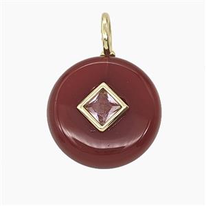 Red Dye Agate Coin Pendant Pave Zirconia, approx 16mm