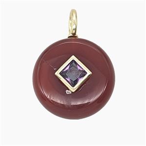 Red Dye Agate Coin Pendant Pave Zirconia, approx 16mm